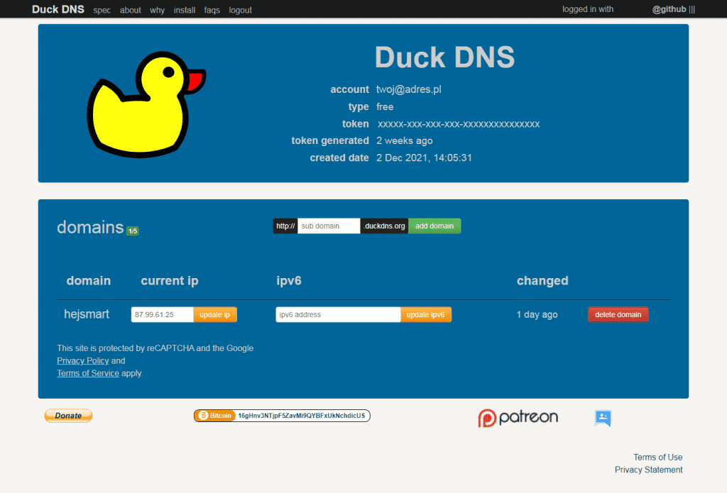 strona duck dns z konfiguracją