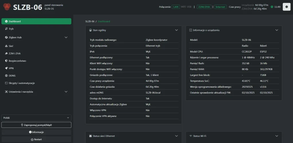 Zrzut ekranu głównego pulpitu nawigacyjnego panelu sterowania urządzenia SLZB-06 (SLZB OS), prezentujący szczegółowy stan ogólny, informacje o systemie, temperaturę procesora oraz status połączenia sieciowego w języku polskim.