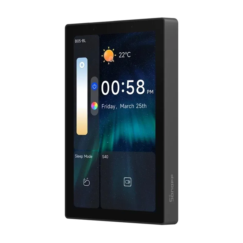 Sonoff NSPanel Pro, inteligentny dotykowy panel sterowania smart home wyświetlający czas, temperaturę oraz status urządzeń domowych.