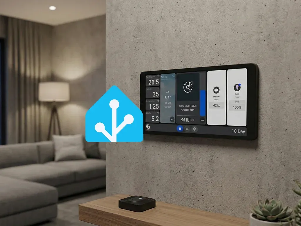 Panel sterowania Home Assistant zamontowany na betonowej ścianie w nowoczesnym salonie, wyświetlający temperaturę, media i status oświetlenia.