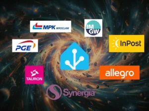 Zestawienie logotypów popularnych polskich firm i usług, takich jak Allegro, InPost, PGE, Tauron, MPK Wrocław, IMGW oraz Librus Synergia, rozmieszczonych wokół centralnej ikony systemu Home Assistant na tle kosmicznej mgławicy.