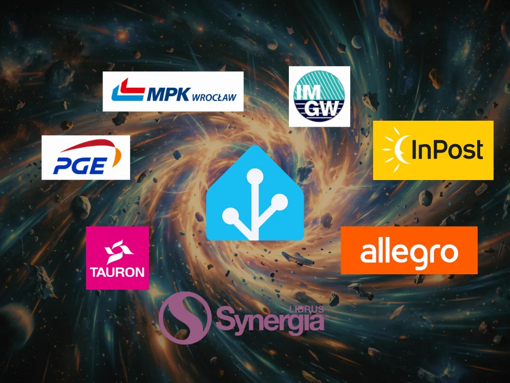 Zestawienie logotypów popularnych polskich firm i usług, takich jak Allegro, InPost, PGE, Tauron, MPK Wrocław, IMGW oraz Librus Synergia, rozmieszczonych wokół centralnej ikony systemu Home Assistant na tle kosmicznej mgławicy.