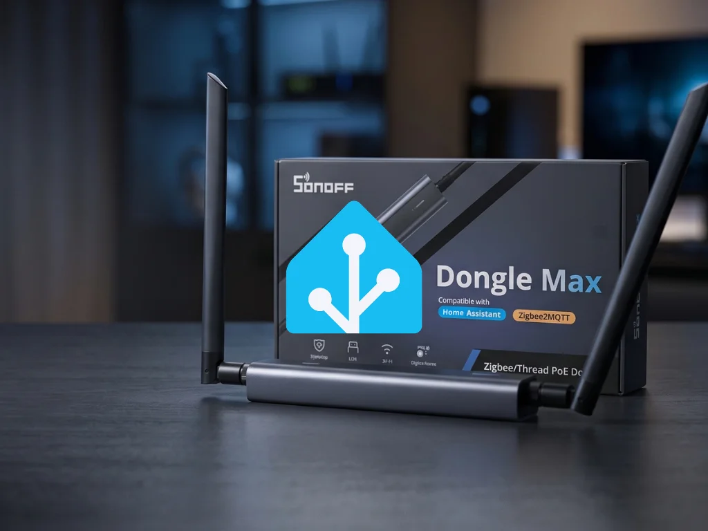 Sonoff Dongle Max z obsługą Home Assistant i Zigbee2MQTT ustawiony na biurku